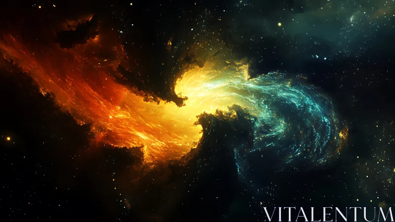 Bipolar stellar nebula collision with turbulent plasma vortices.