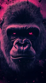 Neon-lit gorilla portrait with intense magenta gaze.