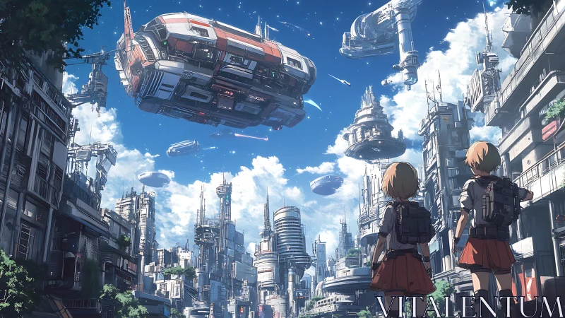 Children beneath vast orbital ships in bright future city.