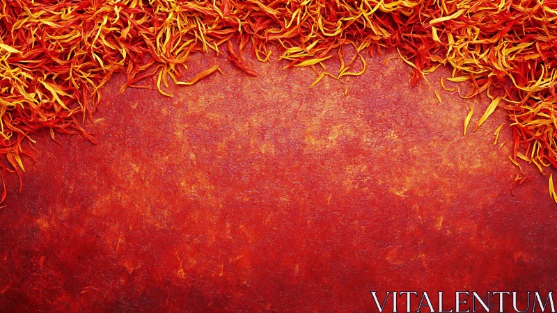 Macro study of fiery orange petals on textured red ground.