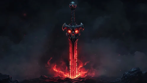 Demonic greatsword emerges from lava with infernal glow