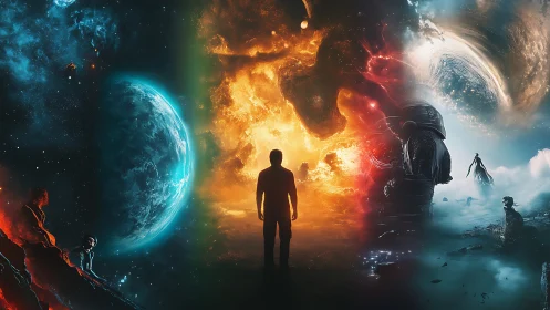 Human silhouette stands between cosmic worlds and firestorm