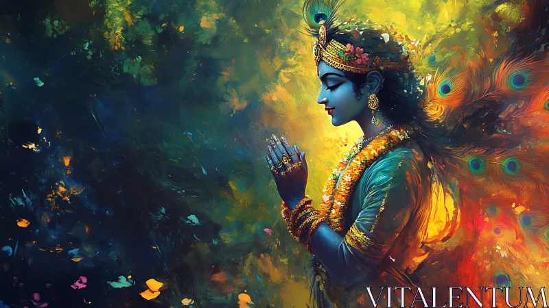 Serene blue goddess in prayer amid glowing peacock colors.