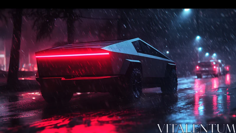 Futuristic pickup truck on wet city street at night in rain.