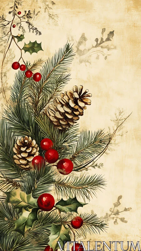Pine cones, holly leaves and berries are arranged vertically