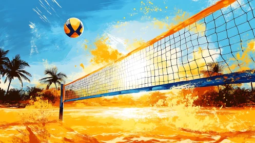 Beach volleyball court with net and ball at tropical shore.