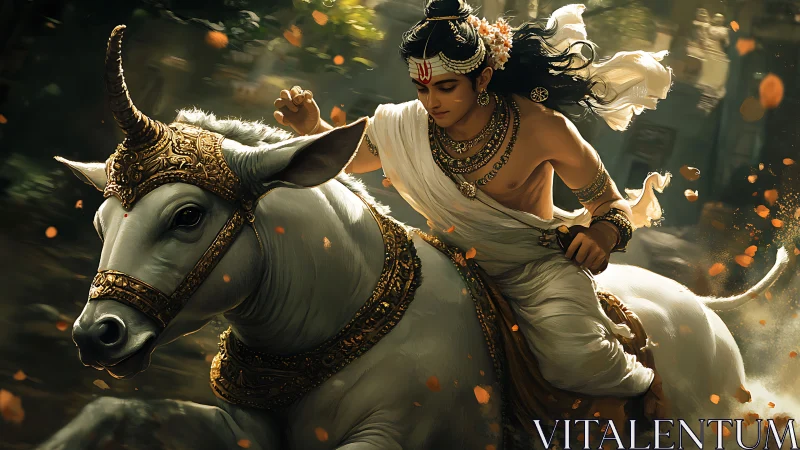 Divine rider guides armored white bull through golden storm.