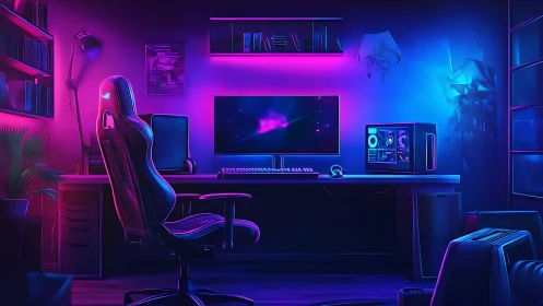 Neon lit gaming workstation with desk, chair, and PC tower.