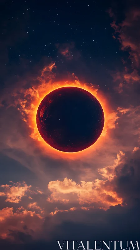 Glowing solar eclipse wrapped in fiery twilight clouds.
