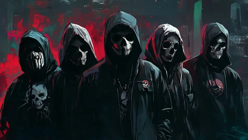 Hooded skull collective in neon red teal graffiti haze.