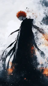 Dark anime warrior in torn cloak amid fiery smoke storm.