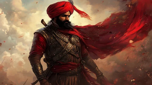 Warrior in red turban stands in storm of embers and smoke