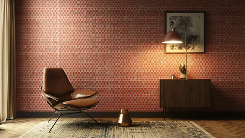 Mid-century lounge corner glows against patterned red wall