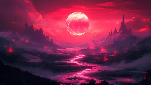 Red alien landscape under huge glowing moon in sky.