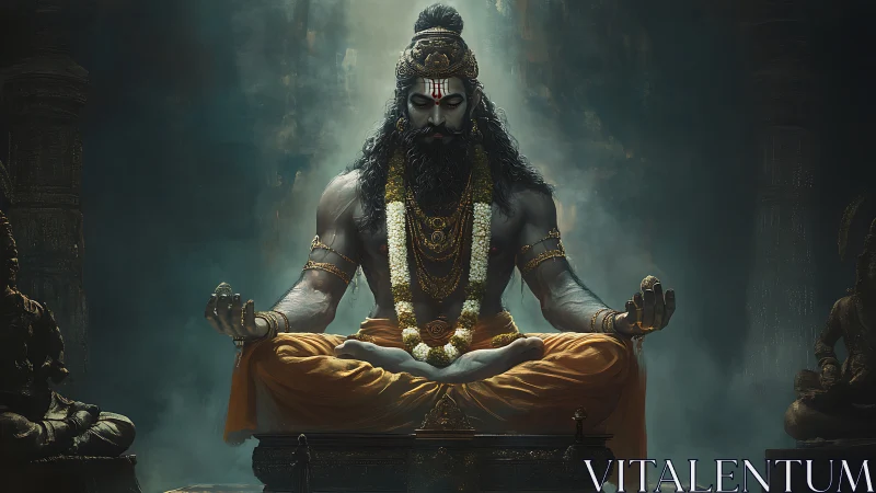 Mystic sage in deep temple meditation, glowing with calm power.