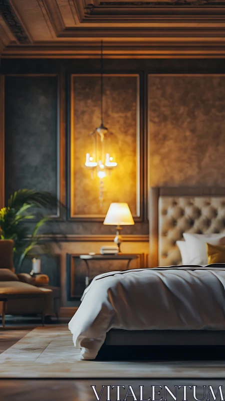 Luxurious bedroom interior with warm moody lighting.
