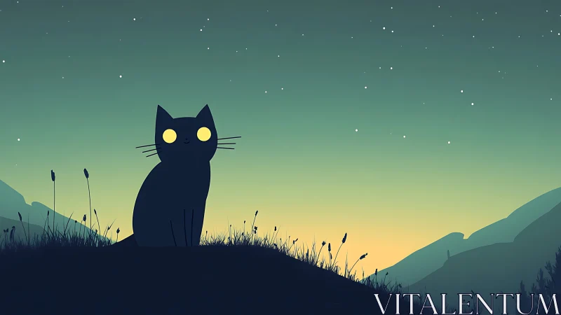Black Cat Silhouette Under Starlit Night Sky.