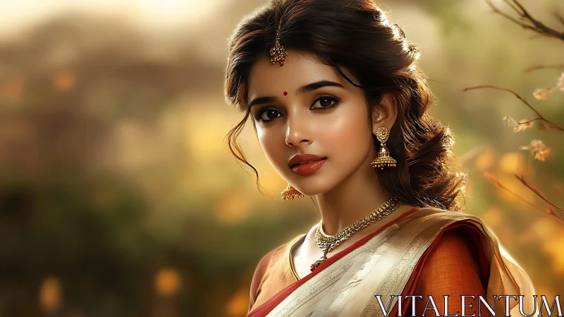Digital portrait of Indian woman in silk saree, warm bokeh light