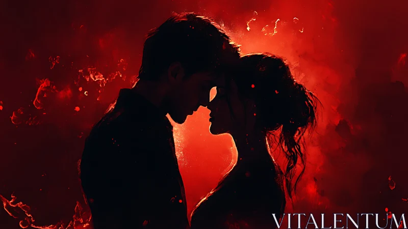 Two Silhouettes Embracing Against Fiery Glow.