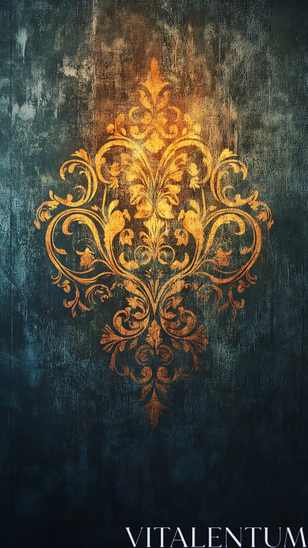 Golden floral ornament glows softly on dark textured wall