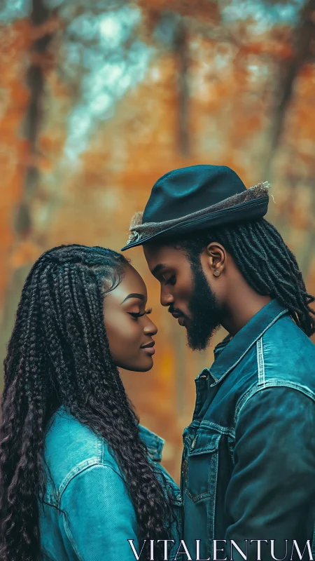 Denim-Clad Couple in Intimate Profile Composition Against Textured Urban Backdrop