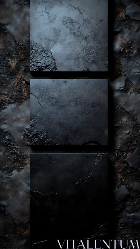 Dark triptych slabs over cracked stone background.
