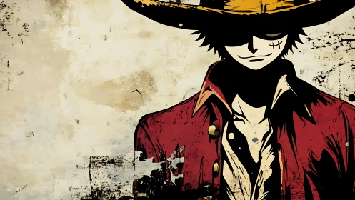 Straw hat pirate in red coat on distressed beige wall.