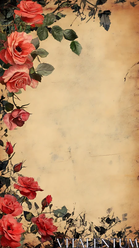 Asymmetrical vintage rose border on distressed parchment field.