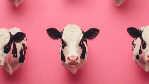 Holstein calf heads aligned on uniform pink studio background.