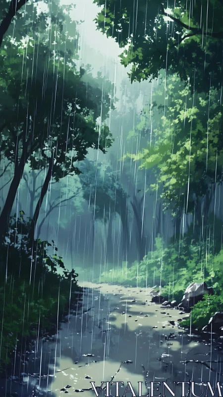 Rainstorm Over Forest Ravine With Water Stream.