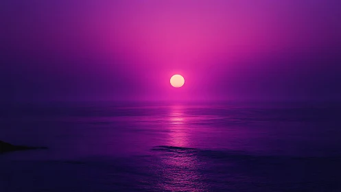 Pink sun over calm ocean horizon with uniform purple sky