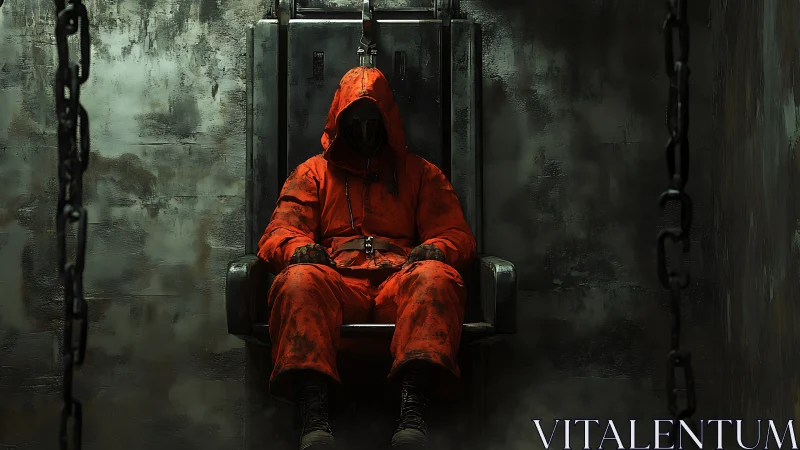 Hooded prisoner in electric chair under harsh industrial light.