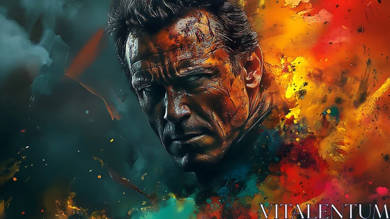 Intense male portrait amid abstract color explosion.