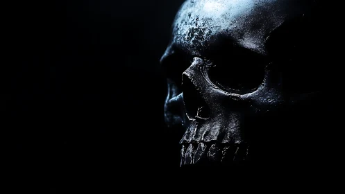 Glimmering skull emerging gently from deep shadowed night.