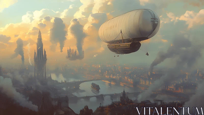 Dreamy steampunk airship drifting above a misty river city.