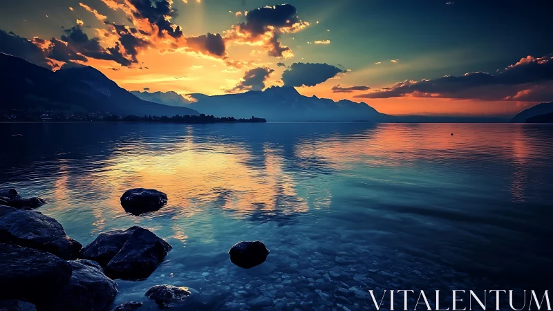 Photorealistic alpine lake sunset with mirrored sky reflection.