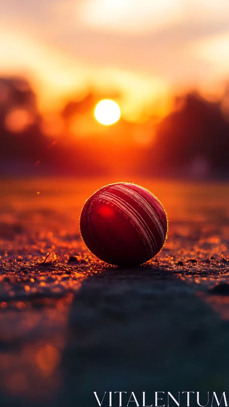 Sunset cricket ball glowing softly on a quiet dusty pitch.