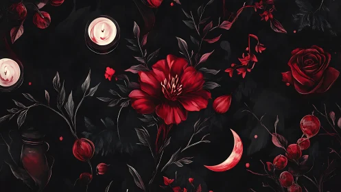 Dark Floral Nocturne: Red Blooms Against Black with Luminous Celestial Elements