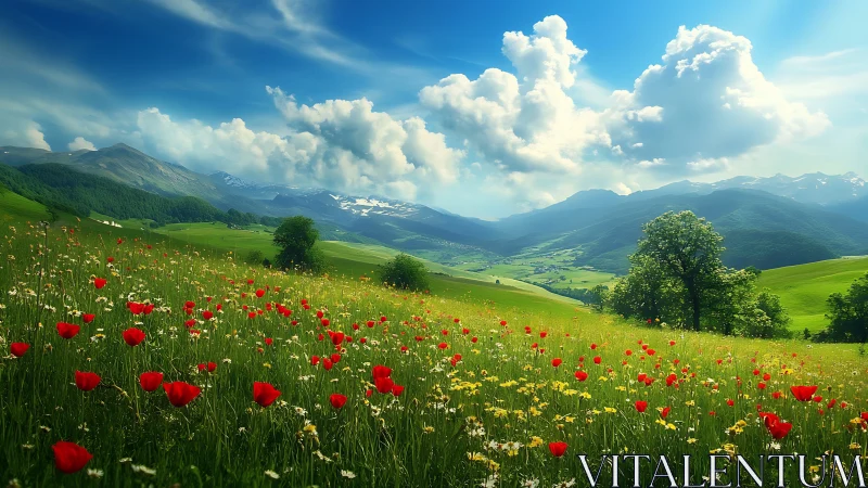 High-saturation alpine valley with wildflower meadow under cumulus sky