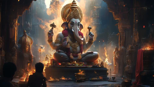 Ganesha deity statue in ornate temple interior at night.