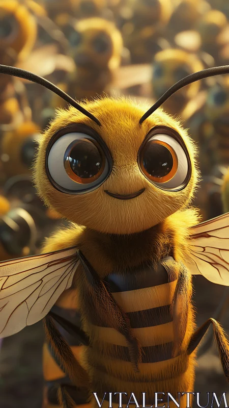Bright-eyed cartoon bee smiles warmly in a friendly swarm