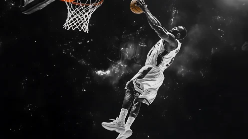Basketball player midair dunk against dark abstract sky.