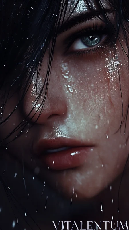 Hyperreal wet portrait close-up of female face in rainfall
