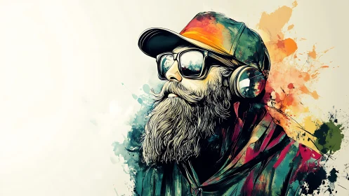 Vibrant digital portrait of bearded man with headphones and cap