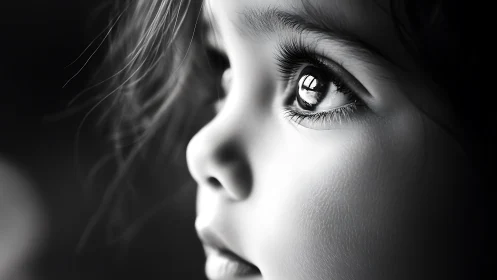 Close-up profile captures striking eye detail in monochrome.