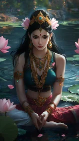 Digital painting of meditative lotus goddess with jeweled regalia.