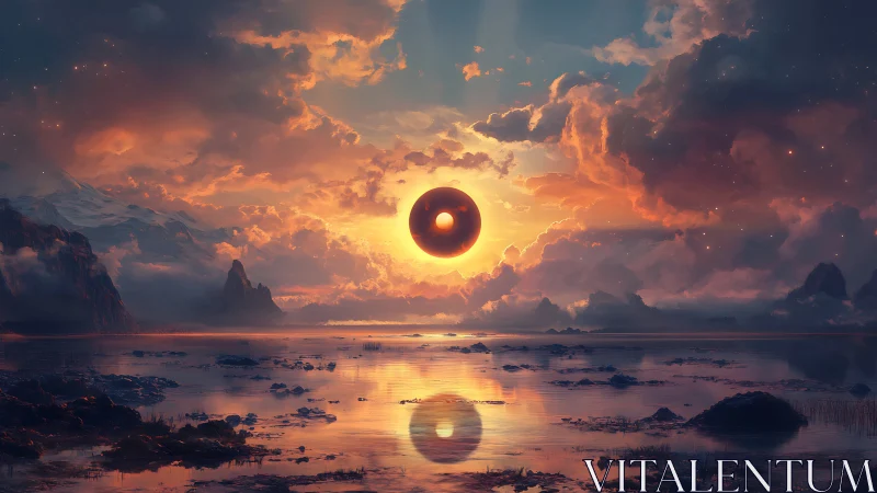 Backlit levitating torus hovers above reflective alien wetland