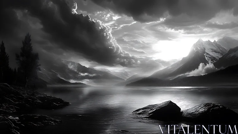 High-contrast monochrome alpine lake with dramatic volumetric clouds