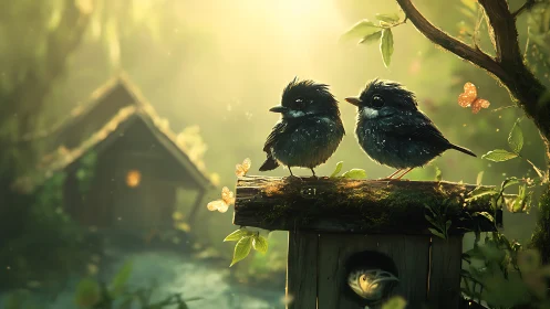 Two Fluffy Birds on Birdhouse in Magical Forest at Sunrise.