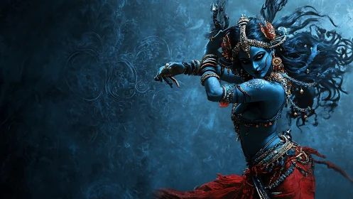 Digital painting of blue-skinned warrior goddess in motion.